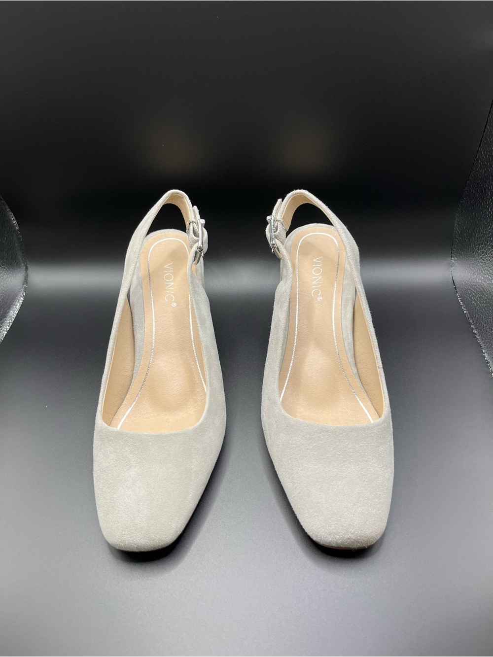 Vionic Light Gray Suede Slingback Heels
